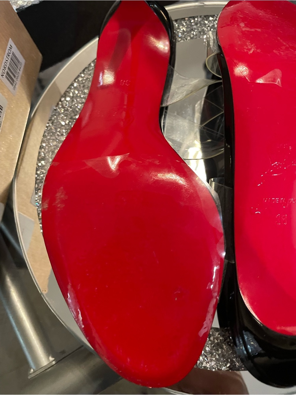 Christian Louboutin Black and Red Clear Strap Glitter Platform Heels - Picture 5 of 9